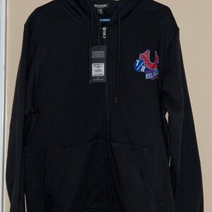 True Religion Black Zip-Up with Red and Blue Logo